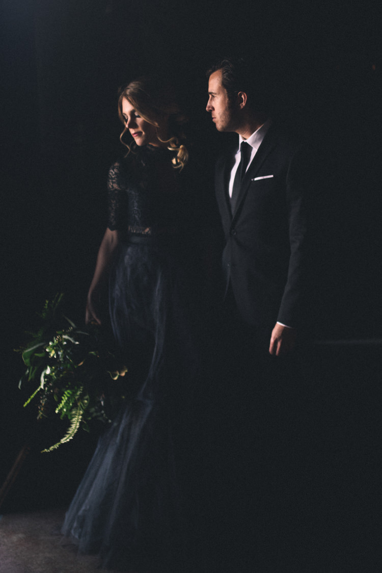 Dark Moody Black Dress Bride Groom Green Bouquet | Edgy Emerald City Wedding Ideas http://www.yvonnegollphotography.com/