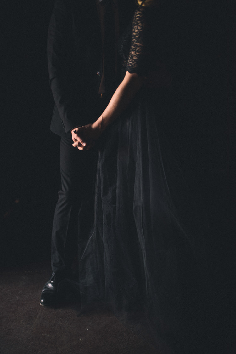 Dark Moody Black Dress Bride Groom Lace Sleeves | Edgy Emerald City Wedding Ideas http://www.yvonnegollphotography.com/
