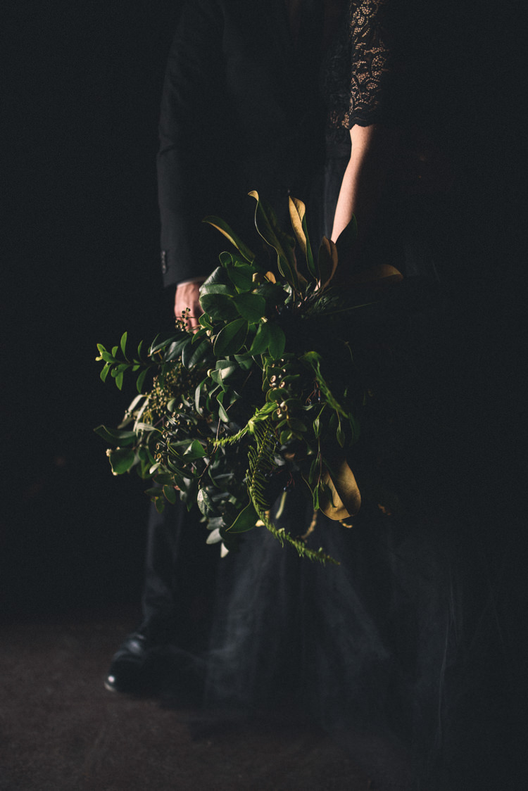 Dark Moody Bride Groom Large Wild Green Bouquet | Edgy Emerald City Wedding Ideas http://www.yvonnegollphotography.com/