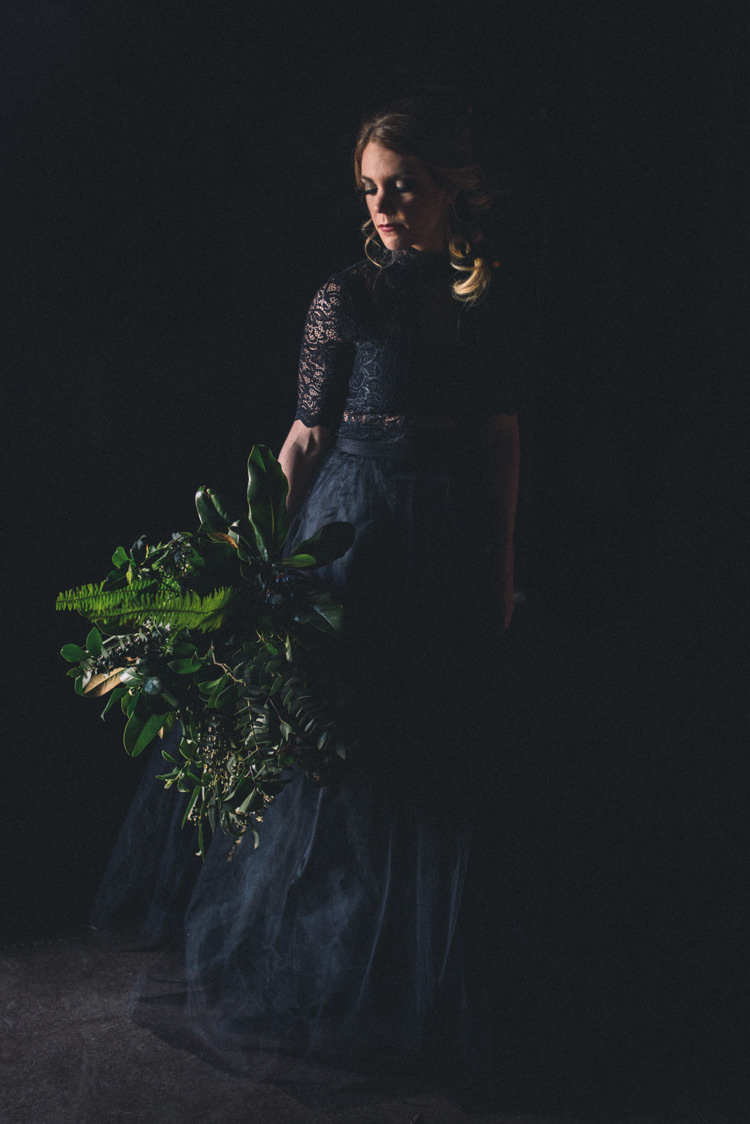 Dark Moody Black Dress Bride Large Wild Green Bouquet | Edgy Emerald City Wedding Ideas http://www.yvonnegollphotography.com/
