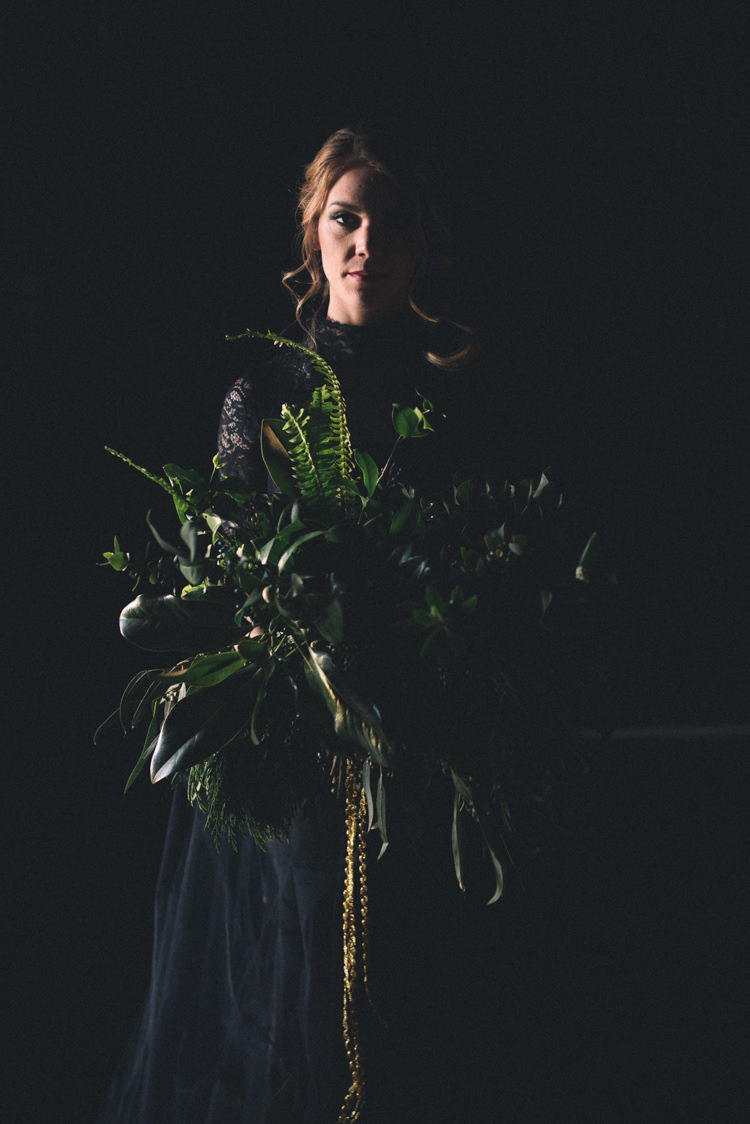 Dark Moody Black Dress Bride Wild Green Bouquet | Edgy Emerald City Wedding Ideas http://www.yvonnegollphotography.com/