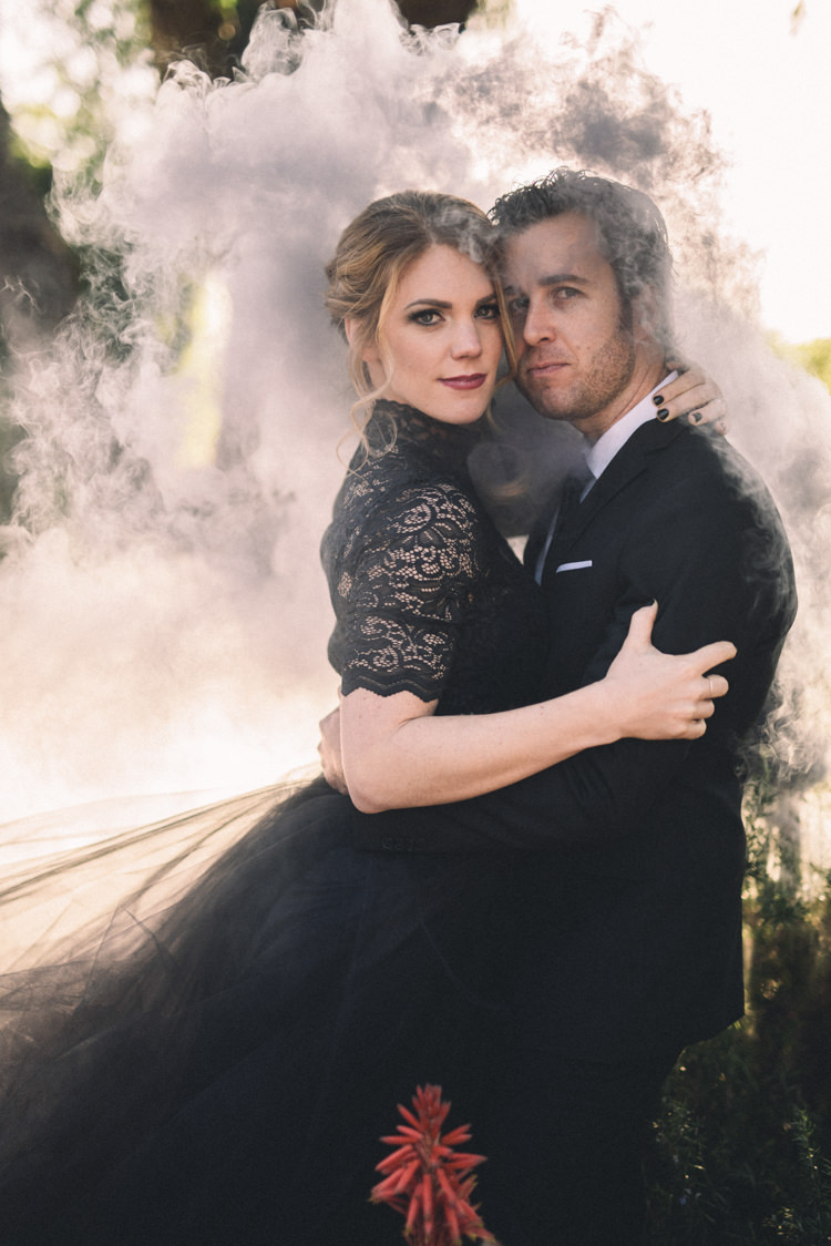Dark Moody Black Dress Bride Groom Outdoor Smoke Photo Silhouettes | Edgy Emerald City Wedding Ideas http://www.yvonnegollphotography.com/