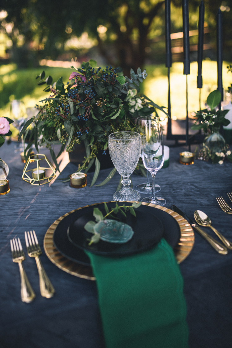 Dark Moody Black Green Gold Table Decor Agate Placecards Geometric Candle | Edgy Emerald City Wedding Ideas http://www.yvonnegollphotography.com/