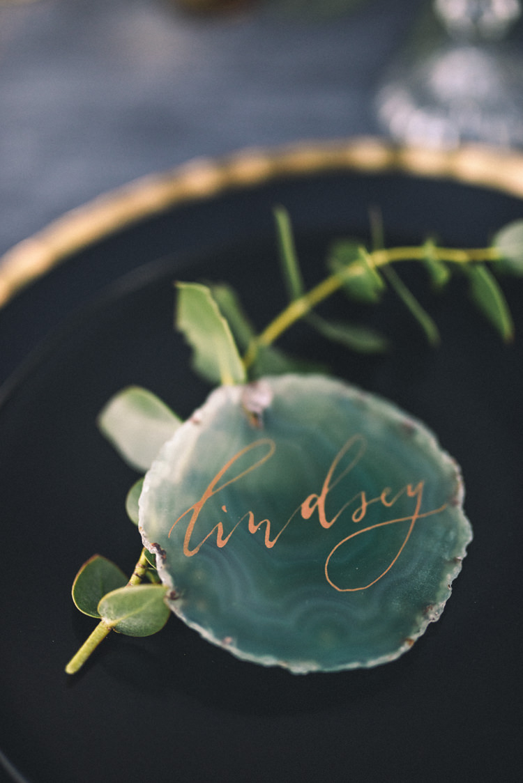 Dark Moody Black Green Gold Agate Placecards Calligraphy Plates | Edgy Emerald City Wedding Ideas http://www.yvonnegollphotography.com/