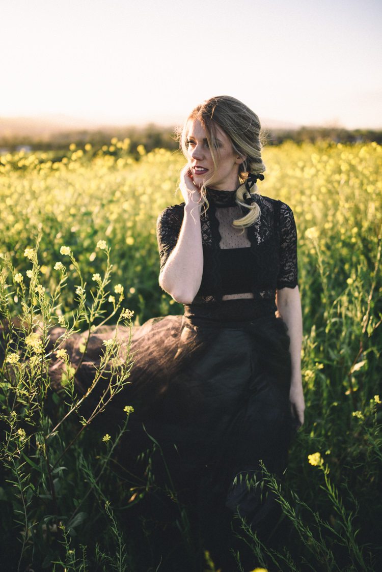 Dark Moody Black Dress Bride Braid Field Outdoor | Edgy Emerald City Wedding Ideas http://www.yvonnegollphotography.com/