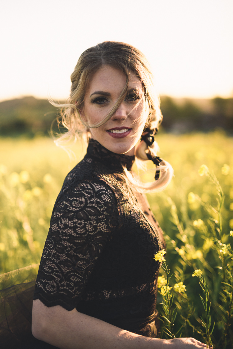 Dark Moody Black Dress Lace Sleeves Braid Bride Yellow Flowers | Edgy Emerald City Wedding Ideas http://www.yvonnegollphotography.com/