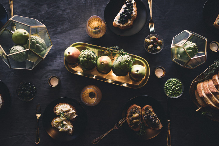 Dark Moody Black Gold Green Table Decor Fruit Cutlery Hexagonal | Edgy Emerald City Wedding Ideas http://www.yvonnegollphotography.com/