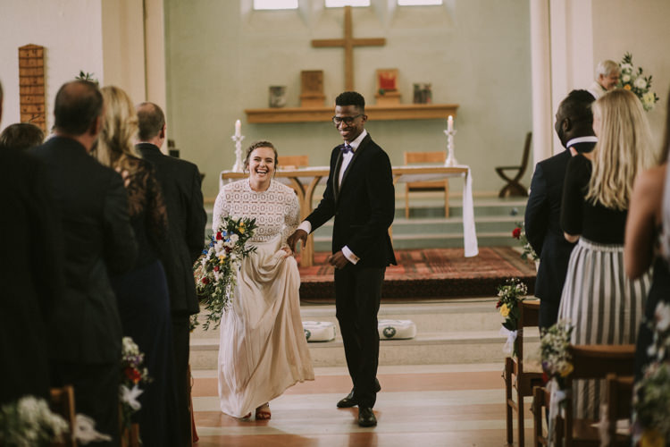 Bride Bridal Self Portrait Wedding Dress Long Sleeved High Neck Multicolour Trailing Bouquet Ribbon Plait Up Do Moss Bros Groom Velvet Tuxedo Jacket Stylish Budget Friendly Village Hall Wedding http://natalyjphotography.com/