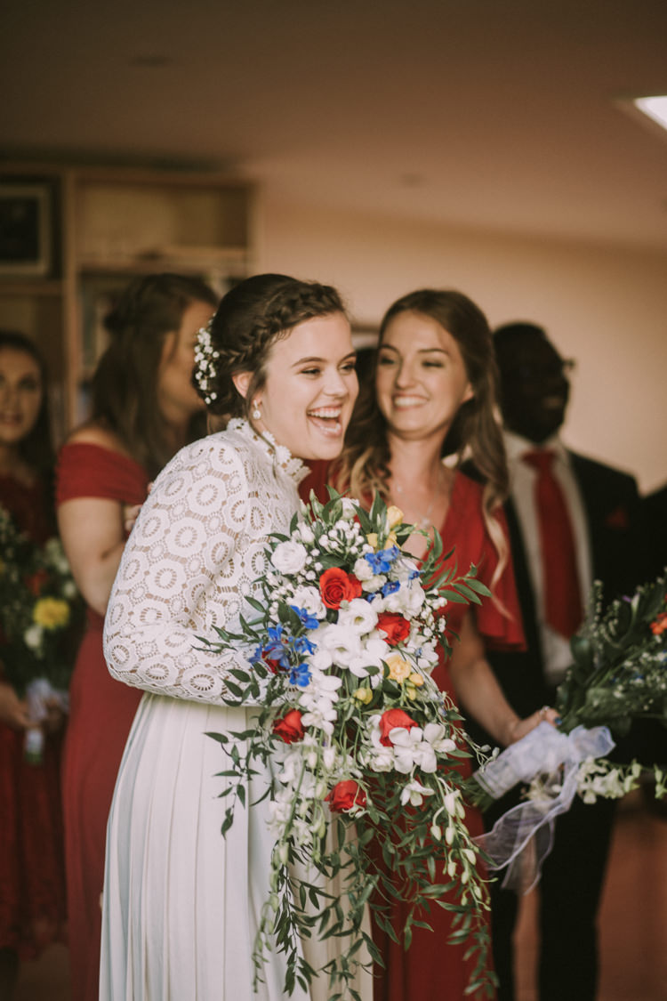 Bride Bridal Self Portrait Wedding Dress Long Sleeved High Neck Multicolour Trailing Bouquet Ribbon Plait Up Do Stylish Budget Friendly Village Hall Wedding http://natalyjphotography.com/
