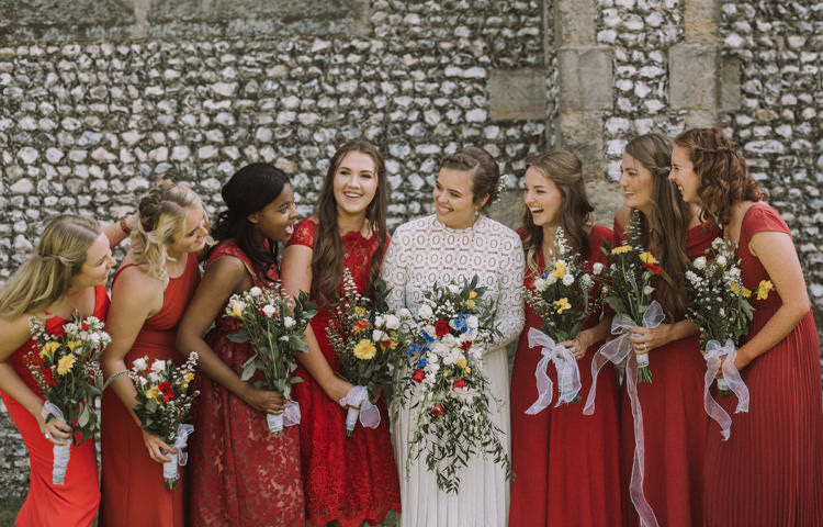 Bride Bridal Self Portrait Wedding Dress Multicolour Bouquet Ribbon Red Mismatched Bridesmaids Plait Up Do Stylish Budget Friendly Village Hall Wedding http://natalyjphotography.com/