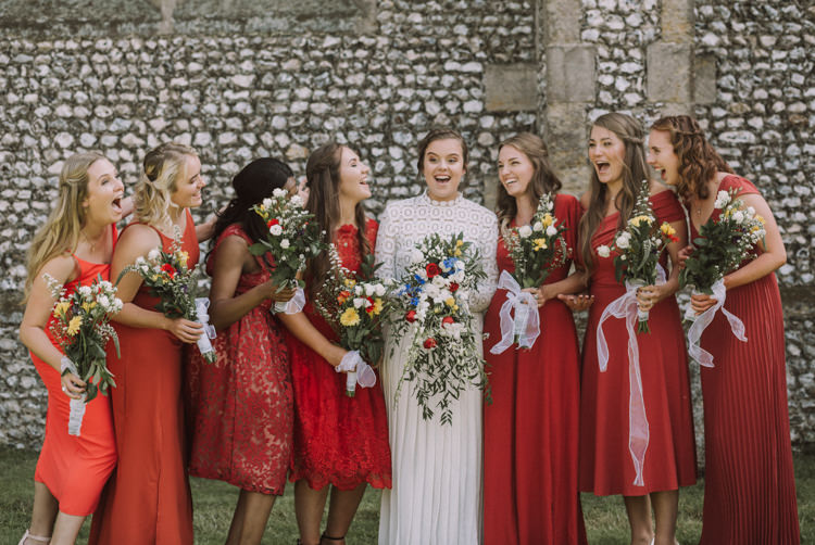 Bride Bridal Self Portrait Wedding Dress Long Sleeved High Neck Multicolour Trailing Bouquet Ribbon Plait Up Do Red Mismatched Bridesmaids Stylish Budget Friendly Village Hall Wedding http://natalyjphotography.com/