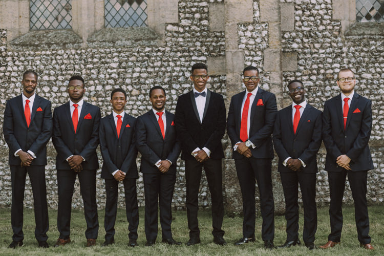 Tuxedo Jacket Groom Patterned Bow Tie Red Tie Groomsmen Stylish Budget Friendly Village Hall Wedding http://natalyjphotography.com/