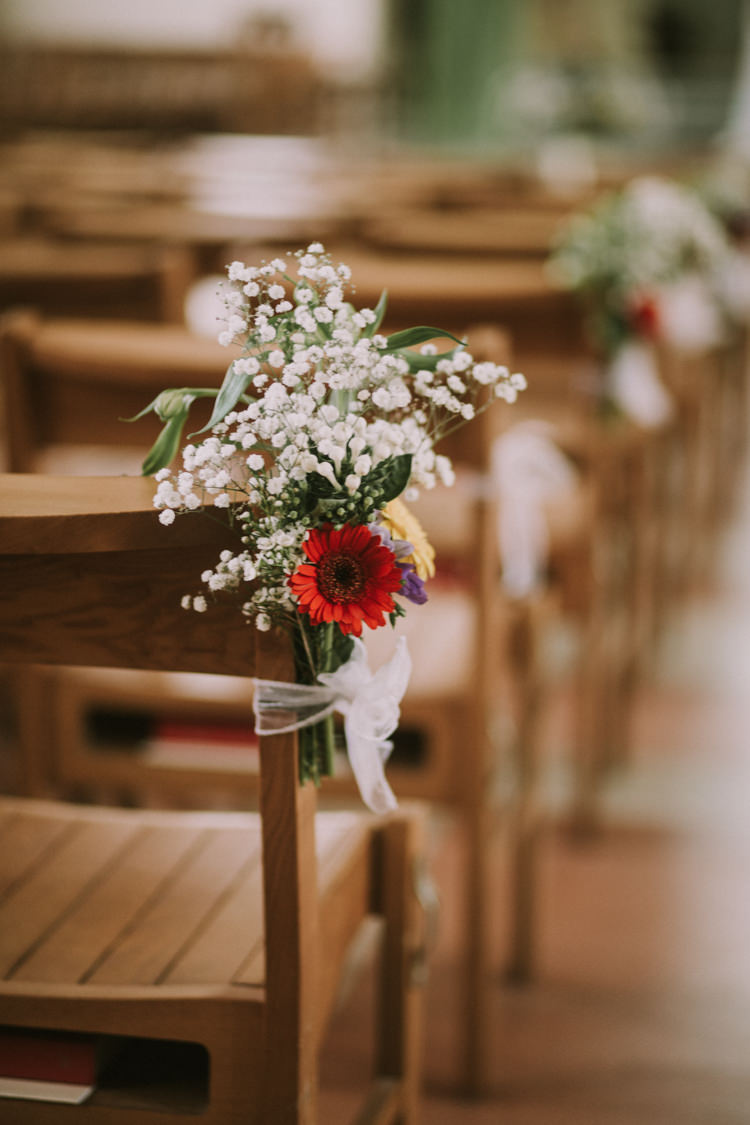 Pew End Aisle Decor Multicolour Flowers Gypsophila Stylish Budget Friendly Village Hall Wedding http://natalyjphotography.com/