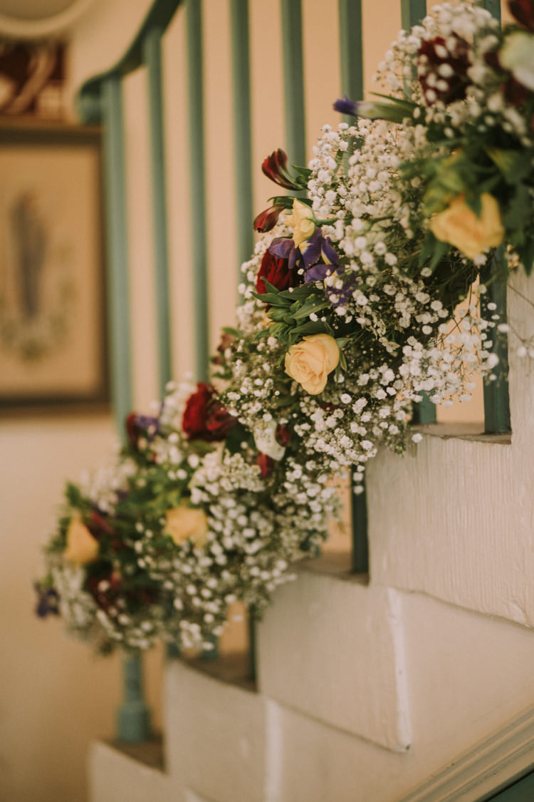 Stair Garland Floral Flower Gypsophila Multicolour Rose Runner Stylish Budget Friendly Village Hall Wedding http://natalyjphotography.com/