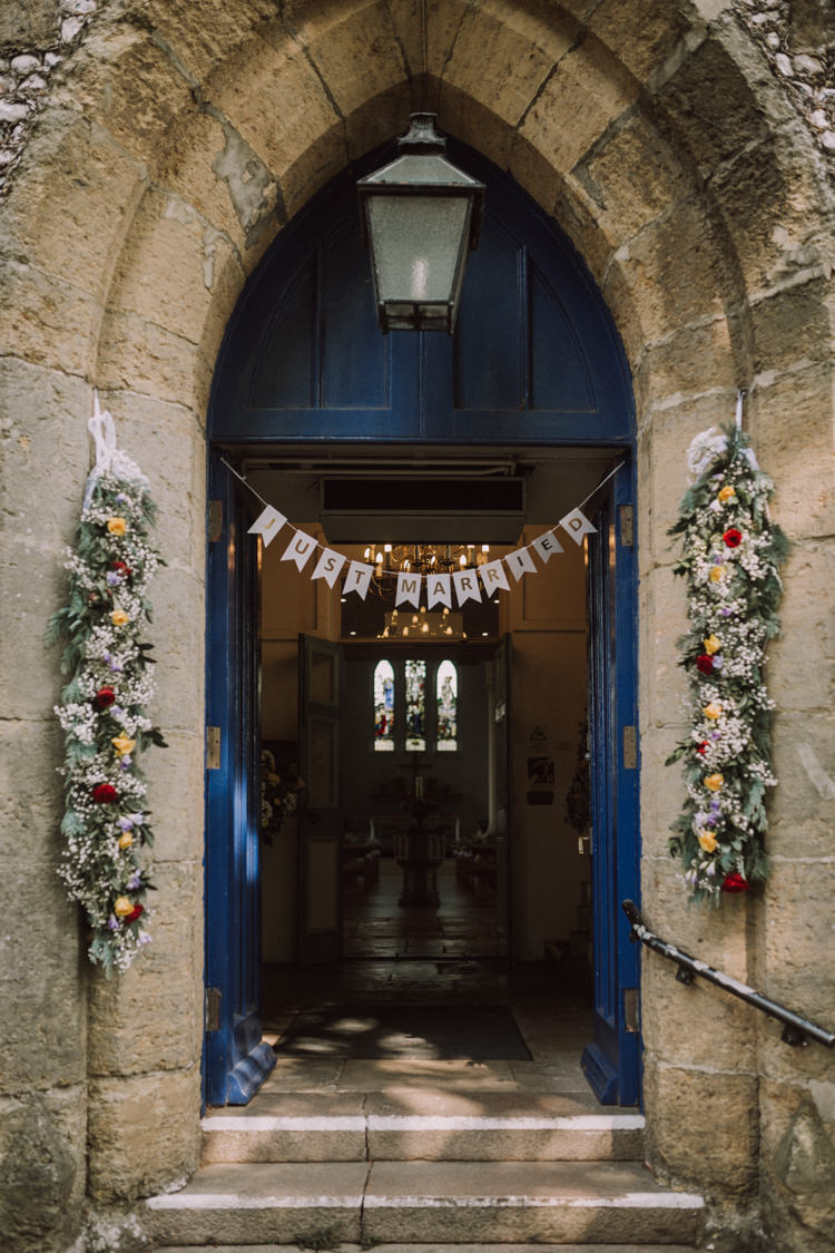 Church Garland Entrance Gypsophila Multicoloured Flower Floral Just Married Bunting Stylish Budget Friendly Village Hall Wedding http://natalyjphotography.com/