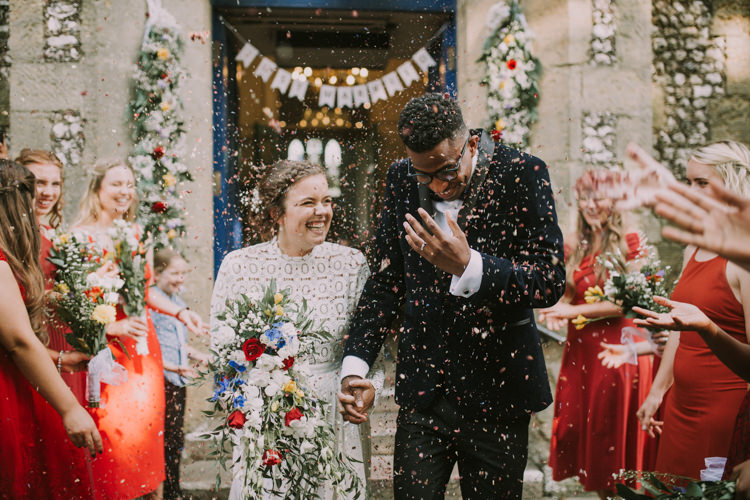 Bride Bridal Self Portrait Wedding Dress Long Sleeved High Neck Multicolour Trailing Bouquet Ribbon Plait Up Do Moss Bros Groom Velvet Tuxedo Jacket Just Married Confetti Garland Just Married Bunting Stylish Budget Friendly Village Hall Wedding http://natalyjphotography.com/