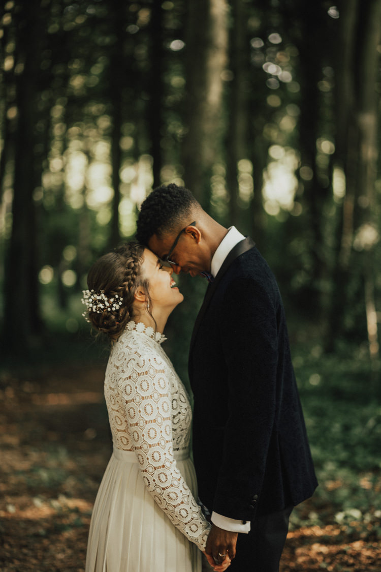 Bride Bridal Self Portrait Wedding Dress Long Sleeved High Neck Multicolour Trailing Bouquet Ribbon Plait Up Do Moss Bros Groom Velvet Tuxedo Jacket Stylish Budget Friendly Village Hall Wedding http://natalyjphotography.com/