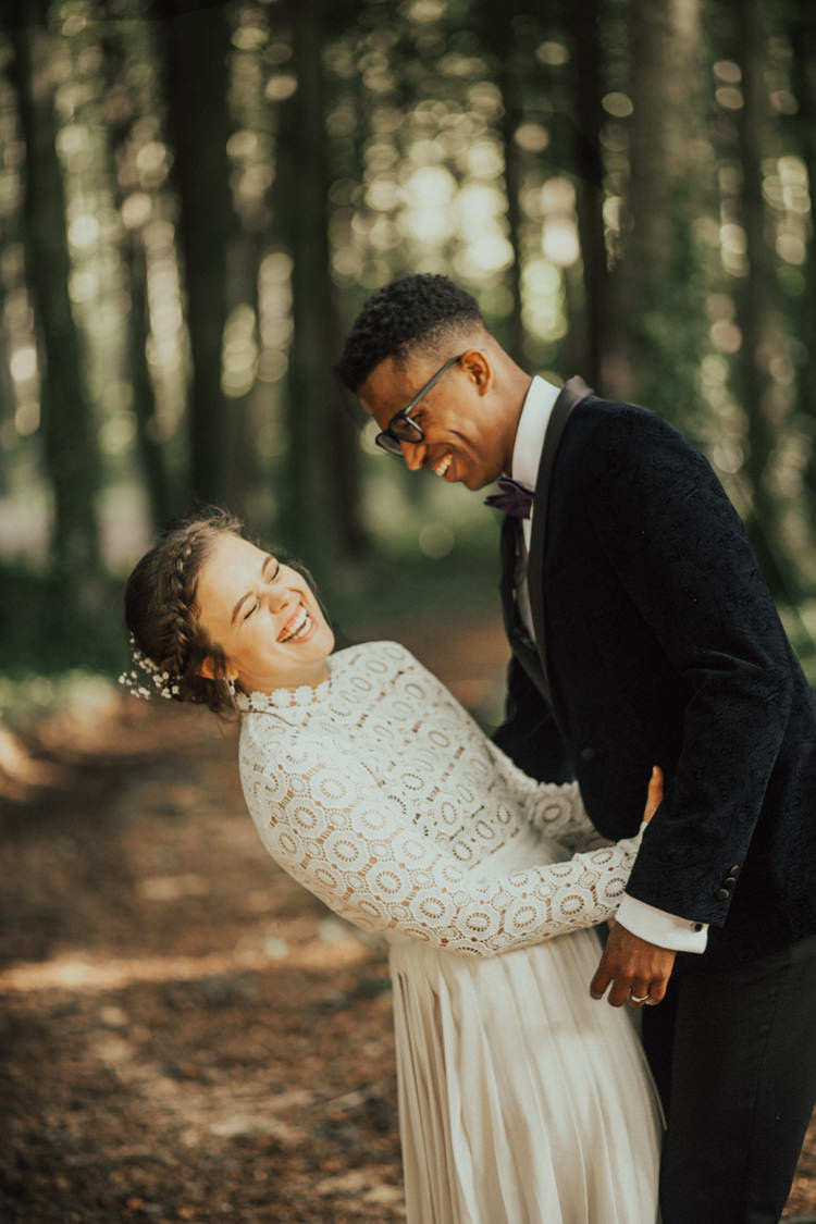 Bride Bridal Self Portrait Wedding Dress Long Sleeved High Neck Multicolour Trailing Bouquet Ribbon Plait Up Do Moss Bros Groom Velvet Tuxedo Jacket Stylish Budget Friendly Village Hall Wedding http://natalyjphotography.com/