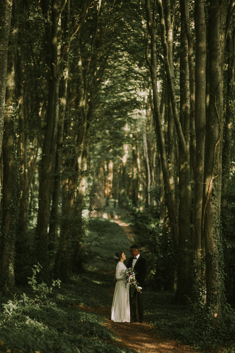 Bride Bridal Self Portrait Wedding Dress Long Sleeved High Neck Multicolour Trailing Bouquet Ribbon Plait Up Do Moss Bros Groom Velvet Tuxedo Jacket Stylish Budget Friendly Village Hall Wedding http://natalyjphotography.com/