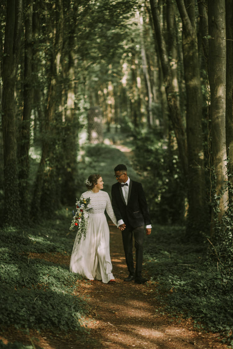 Bride Bridal Self Portrait Wedding Dress Long Sleeved High Neck Multicolour Trailing Bouquet Ribbon Plait Up Do Moss Bros Groom Velvet Tuxedo Jacket Trailing Multicolour Bouquet Stylish Budget Friendly Village Hall Wedding http://natalyjphotography.com/