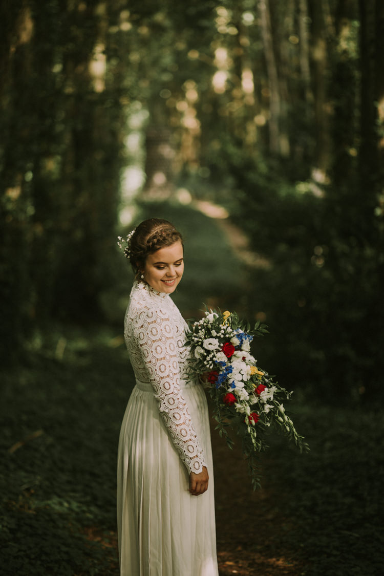 Bride Bridal Self Portrait Wedding Dress Long Sleeved High Neck Multicolour Trailing Bouquet Ribbon Plait Up Do Trailing Multicolour Bouquet Stylish Budget Friendly Village Hall Wedding http://natalyjphotography.com/