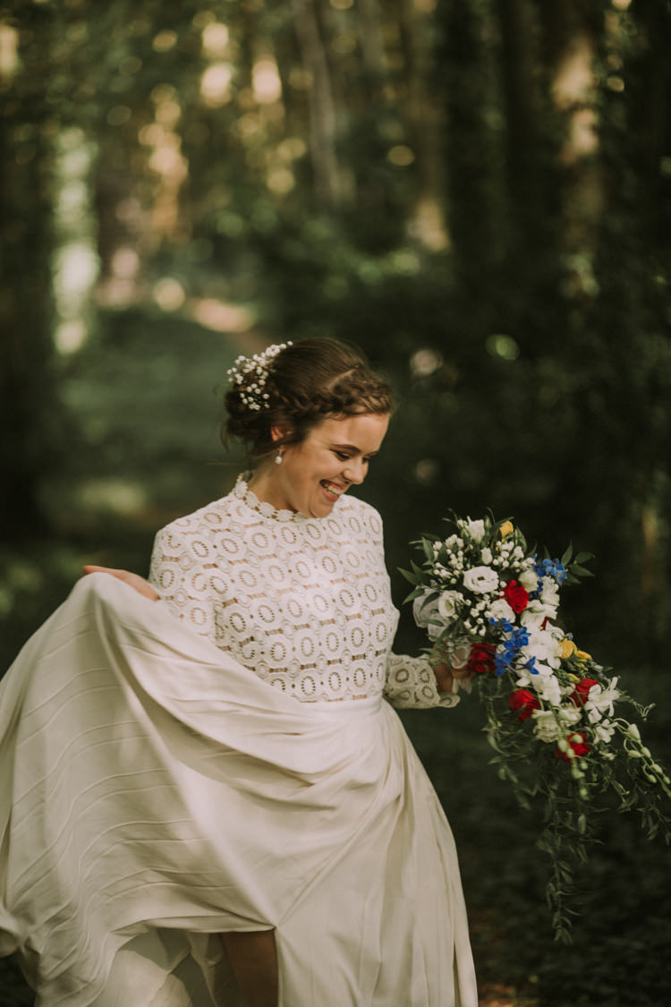 Bride Bridal Self Portrait Wedding Dress Long Sleeved High Neck Multicolour Trailing Bouquet Ribbon Plait Up Do Trailing Multicolour Bouquet Stylish Budget Friendly Village Hall Wedding http://natalyjphotography.com/