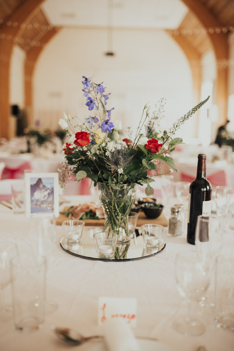 Table Centre Mirror Glass Vase Multicolour Flowers Stylish Budget Friendly Village Hall Wedding http://natalyjphotography.com/