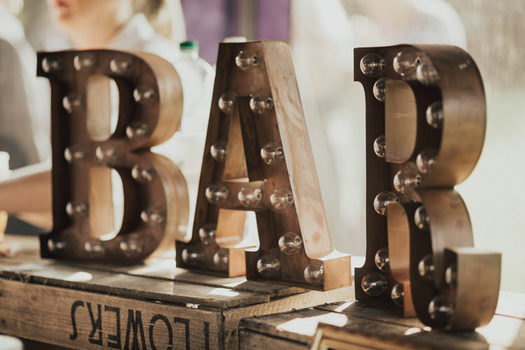 Bar Circuit Light Up Letters Vintage Rustic Wooden Crate Stylish Budget Friendly Village Hall Wedding http://natalyjphotography.com/