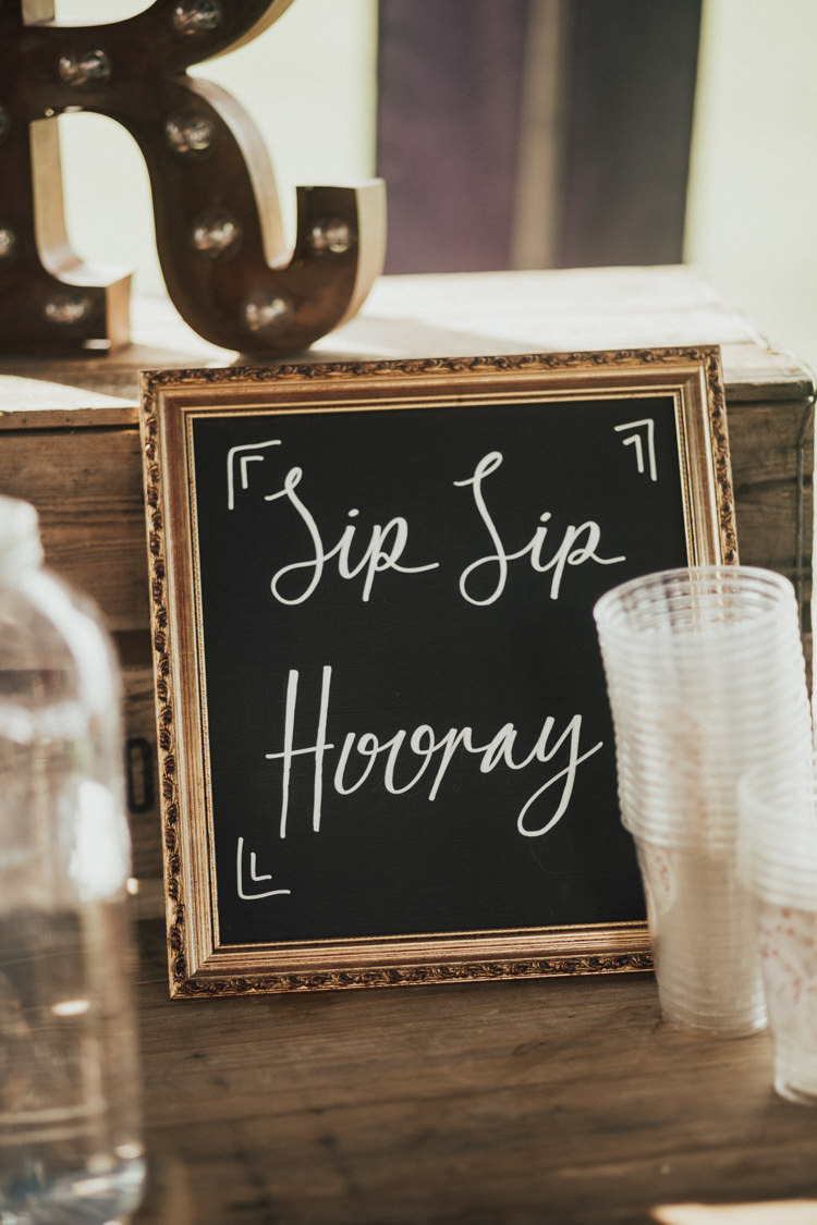 Sip Sip Hooray Chalk Board Gold Frame Bar Sign Stylish Budget Friendly Village Hall Wedding http://natalyjphotography.com/