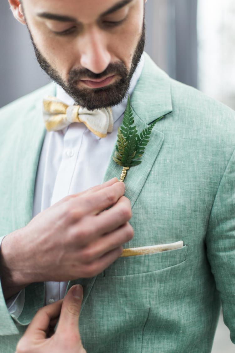 Groom Green Suit Fern Buttonhole Yellow Beige Bowtie Beard | Greenery Botanical Wedding Ideas https://lisadigiglio.com/