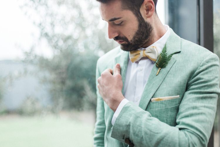 Groom Green Suit Fern Foliage Buttonhole Yellow Beige Bow Tie | Greenery Botanical Wedding Ideas https://lisadigiglio.com/