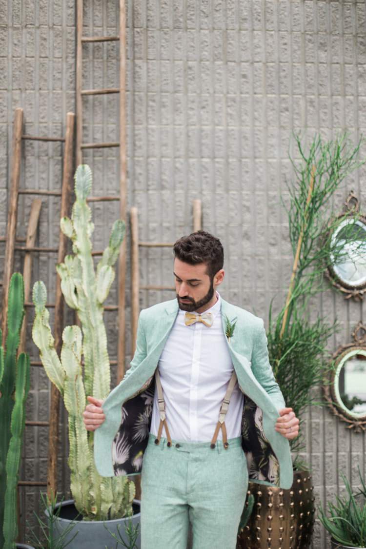 Conservatory Cactus Green Foliage Groom Green Suit Braces Suspenders Italian | Greenery Botanical Wedding Ideas https://lisadigiglio.com/