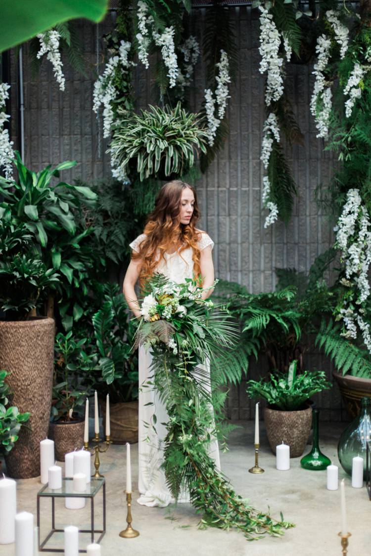 Conservatory Red Long Hair Bride Dress Lace Fine Art Foliage Cascading Bouquet | Greenery Botanical Wedding Ideas https://lisadigiglio.com/
