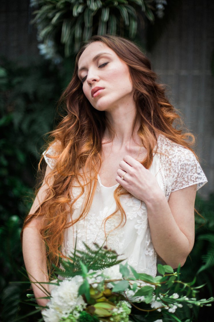 Conservatory Red Long Hair Bride Dress Lace Fine Art Green Foliage Bouquet | Greenery Botanical Wedding Ideas https://lisadigiglio.com/