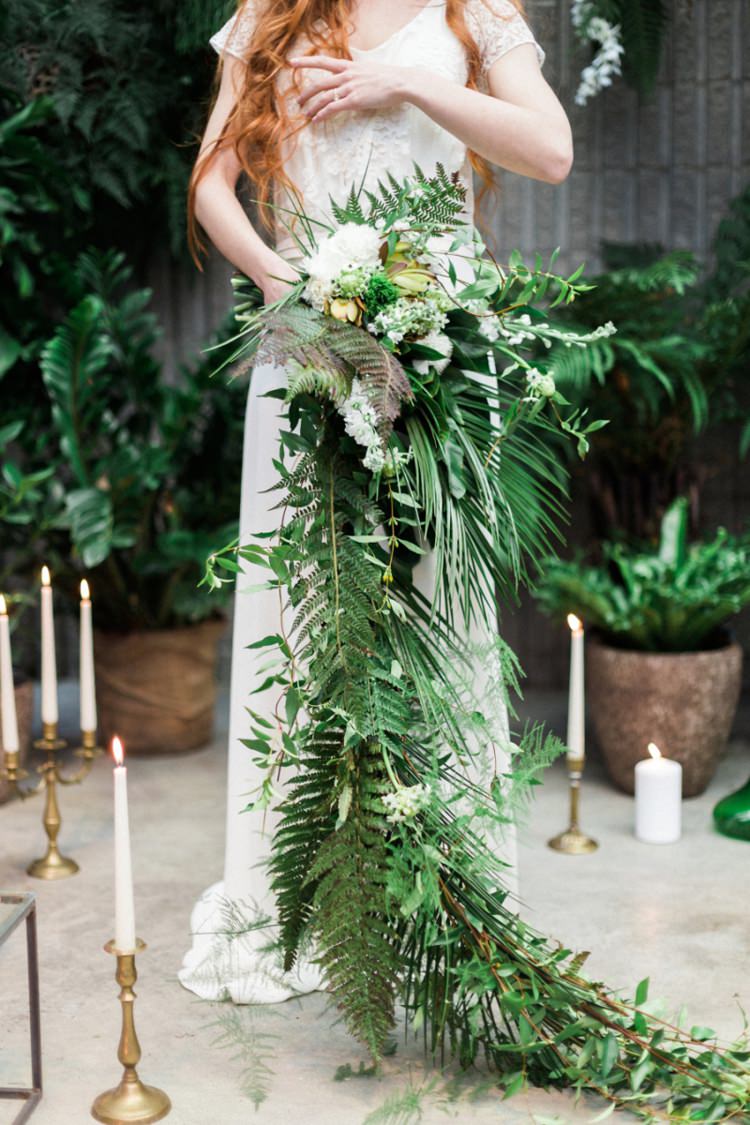 Large Cascading Bouquet Bride Boho Foliage Green White Candles Conservatory | Greenery Botanical Wedding Ideas https://lisadigiglio.com/