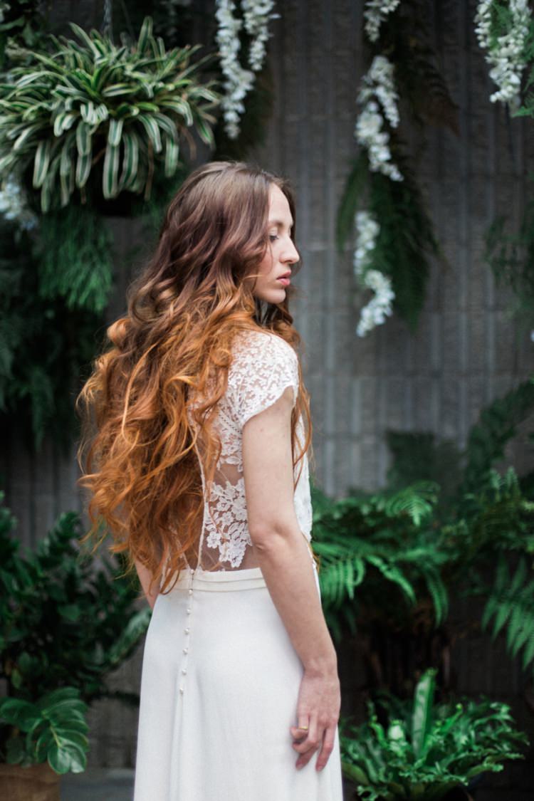 Red Long Hair Bride Dress Boho Wild Lace Fine Art Green Foliage Conservatory | Greenery Botanical Wedding Ideas https://lisadigiglio.com/