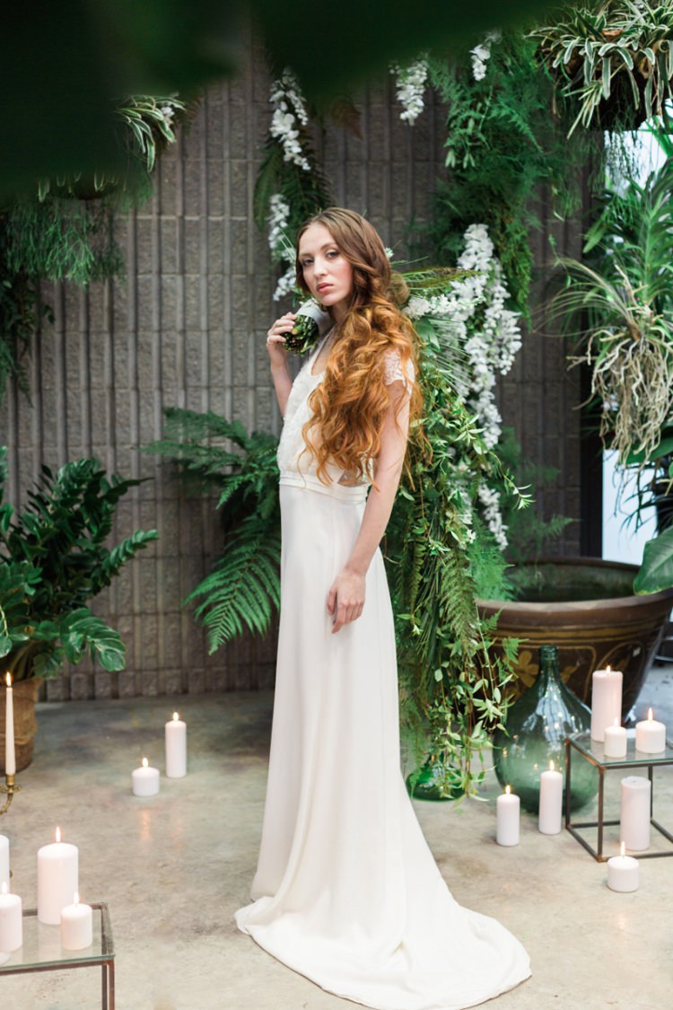 Conservatory Red Hair Bride Boho Dress Lace Fine Art Wild Cascading Foliage Bouquet | Greenery Botanical Wedding Ideas https://lisadigiglio.com/