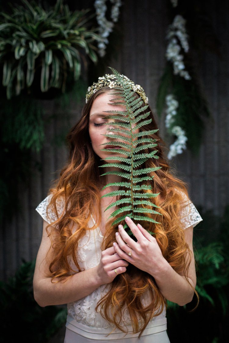 Red Long Hair Bride Gold Crown Headpiece Fine Art Fern Conservatory | Greenery Botanical Wedding Ideas https://lisadigiglio.com/