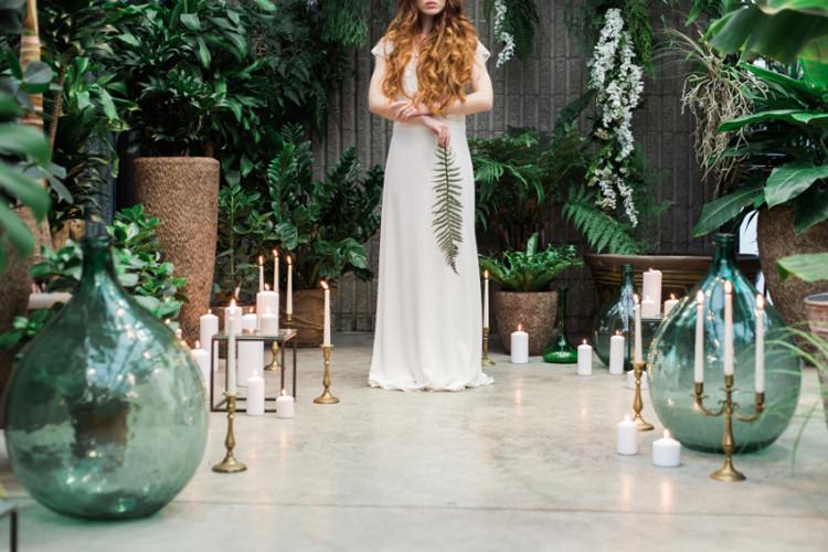 Red Long Hair Bride Dress Lace Fine Art Fern Conservatory Candles Green Glass | Greenery Botanical Wedding Ideas https://lisadigiglio.com/