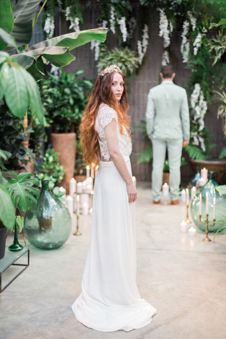 Bride Dress Lace Fine Art Large Green Foliage Gold Headpiece Crown Conservatory | Greenery Botanical Wedding Ideas https://lisadigiglio.com/
