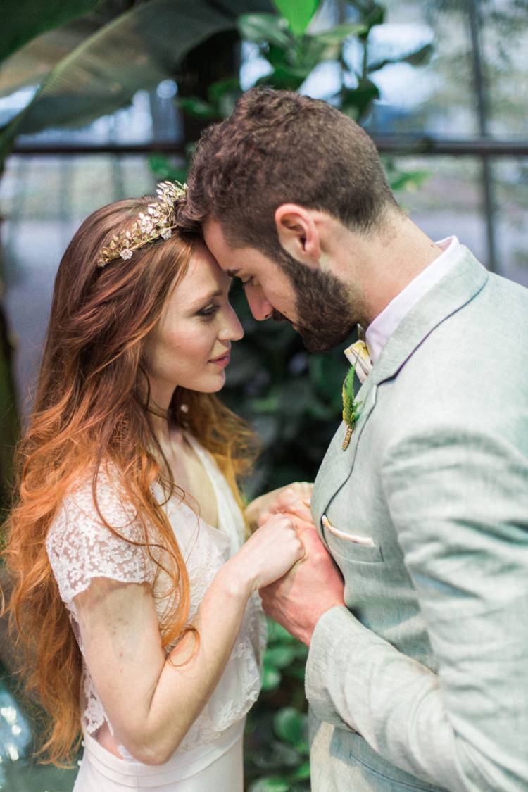 Bride Dress Lace Fine Art Green Suit Foliage Gold Crown Headpiece Conservatory | Greenery Botanical Wedding Ideas https://lisadigiglio.com/