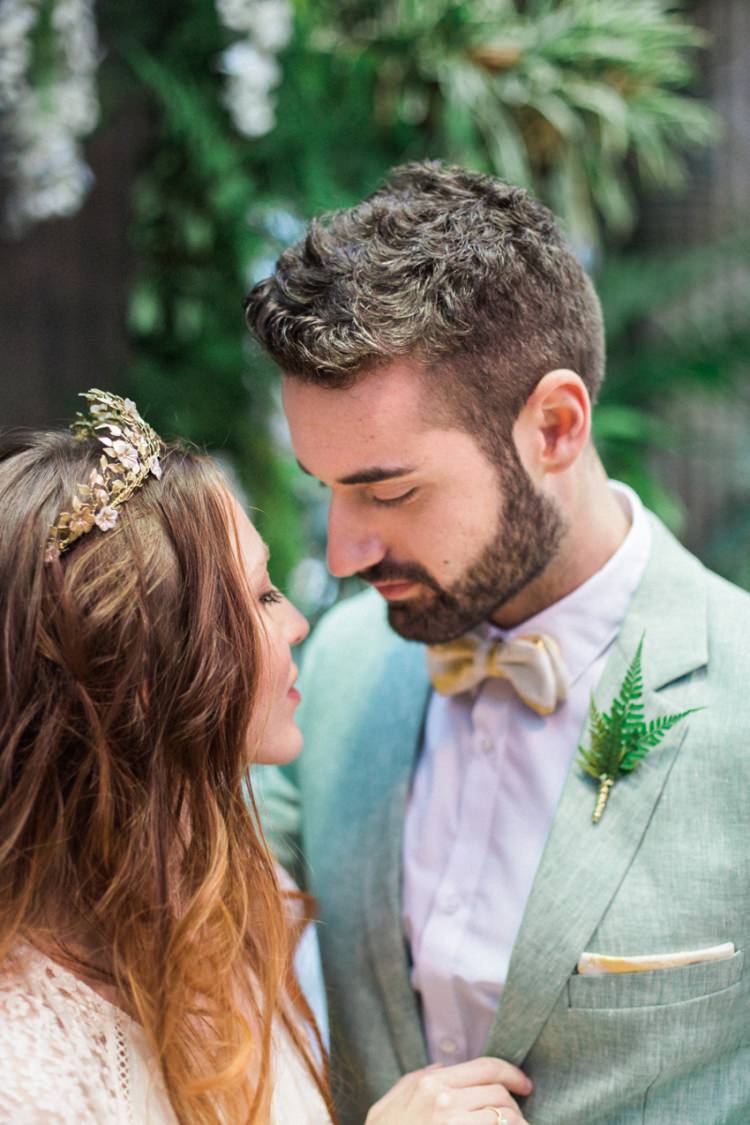 Conservatory Bride Fine Art Green Suit Foliage Buttonhole Gold Crown Headpiece | Greenery Botanical Wedding Ideas https://lisadigiglio.com/