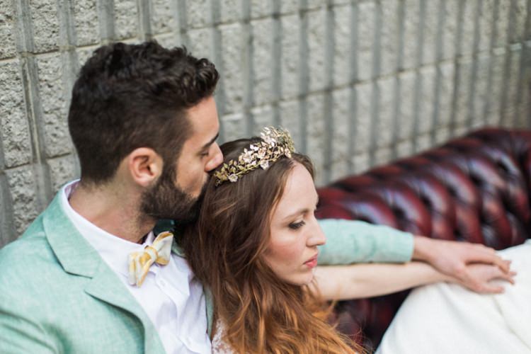 Conservatory Bride Fine Art Green Suit Foliage Bow Tie Gold Crown Headpiece | Greenery Botanical Wedding Ideas https://lisadigiglio.com/