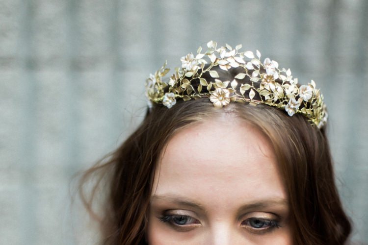 Bride Long Hair Gold Headpiece Crown Flowers Leaves Fine Art | Greenery Botanical Wedding Ideas https://lisadigiglio.com/