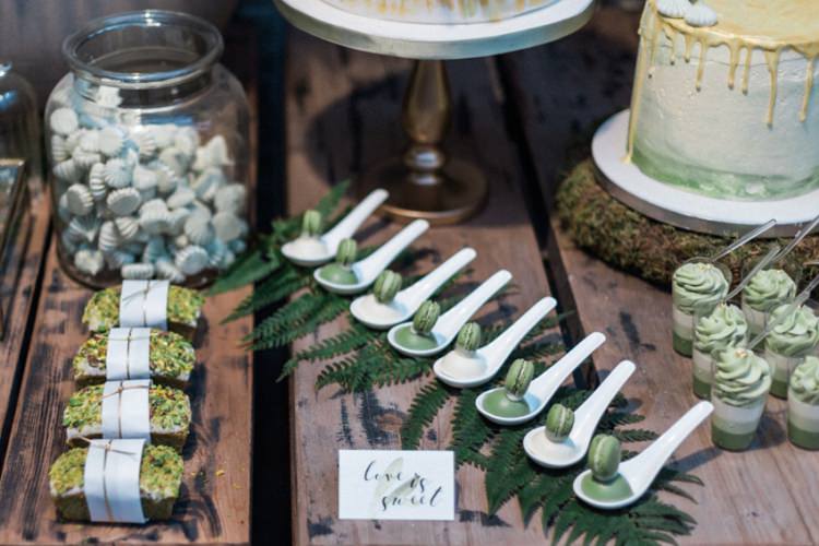 Conservatory Dessert Table Green Gold Ferns Foliage Simple Natural White Fresh | Greenery Botanical Wedding Ideas https://lisadigiglio.com/