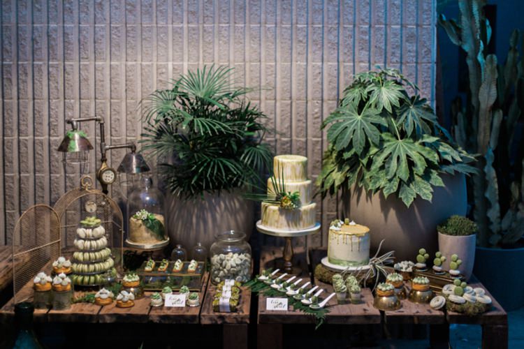 Green Foliage Dessert Table Cake Macaroons Leaves Wood Vases Conservatory | Greenery Botanical Wedding Ideas https://lisadigiglio.com/