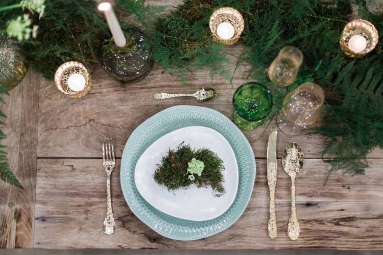 Conservatory Wood Table Moss Gold Ferns Foliage Simple Natural White | Greenery Botanical Wedding Ideas https://lisadigiglio.com/