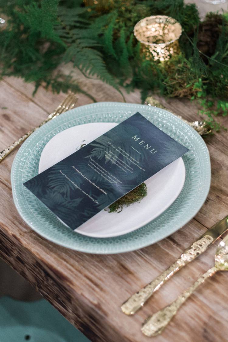 Conservatory Wood Table Moss Gold Ferns Foliage Simple Natural Dark Menu | Greenery Botanical Wedding Ideas https://lisadigiglio.com/