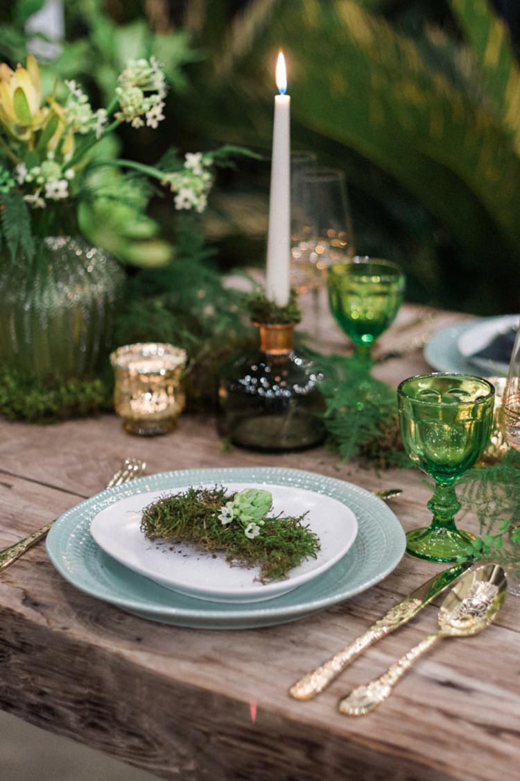 Conservatory Wood Table Moss Gold Ferns Foliage Simple Natural White Gold | Greenery Botanical Wedding Ideas https://lisadigiglio.com/