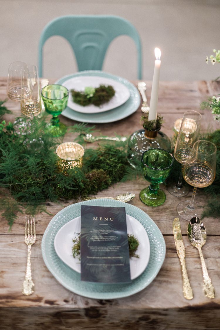 Conservatory Wood Table Moss Gold Ferns Foliage Simple Natural White Gold | Greenery Botanical Wedding Ideas https://lisadigiglio.com/